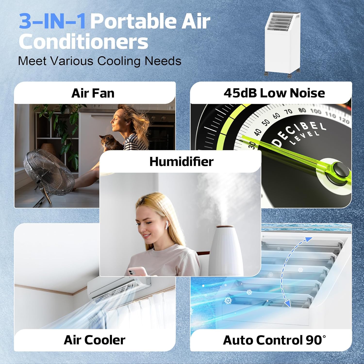 3-IN-1 Windowless Portable Air Conditioner, Evaporative Air Cooler with 90° Oscillation, 3 Speeds, Remote, 1 Gal Water Tank, 4 Ice Packs, Timer, Fast Cooling Fan for Indoor Bedroom Office