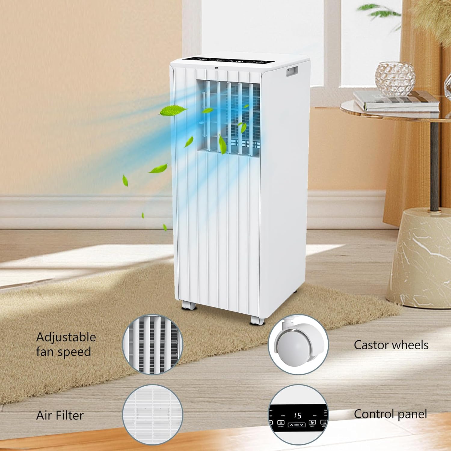 8000 BTU Portable Air Conditioner, Efficient Cooling with Remote Control, 3-in-1 Floor Standing Design, Dehumidifier Function, and Portable Fan, for Home, Office, White