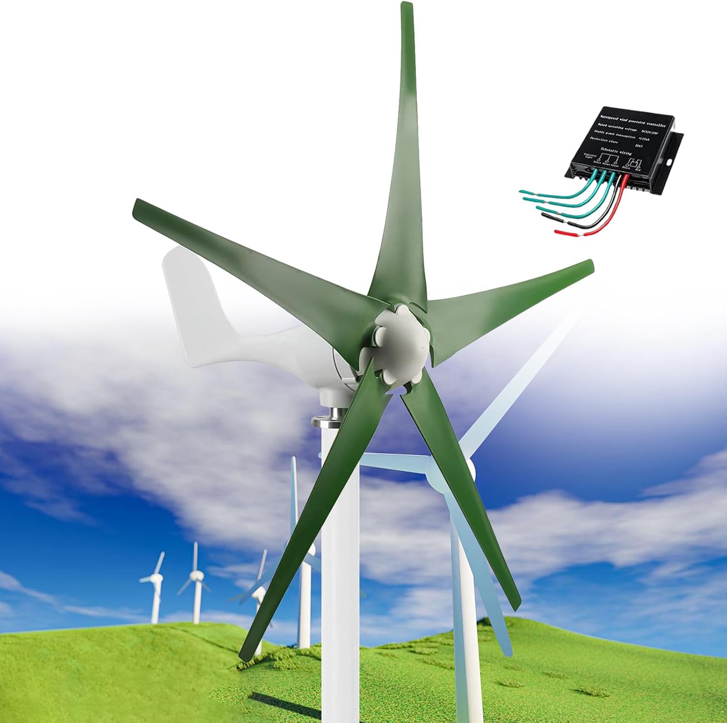 Wind Turbine Generator Kit 12000W 12V/24V/48V with 5 Blade & Charge Controller, Windmill Generator, 3 Phase AC Permanent Magnet Generator, Wind Power Generator for Marine, RV, Home,Green12V
