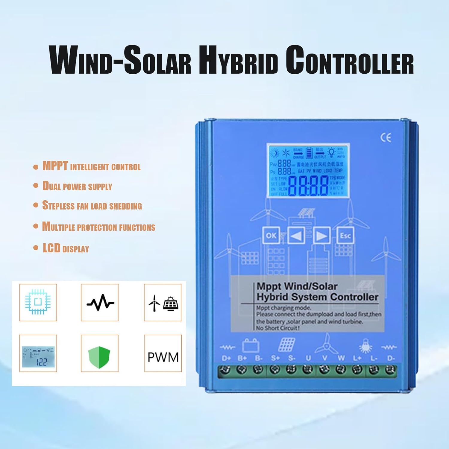 Wind Solar Hybrid Charge Controller, 1400W Wind and Solar Charge Controller, Auto 12V/24V Battery Off Grid Controller Boost MPPT 800W Wind Turbine, 600W Solar Panel 24V