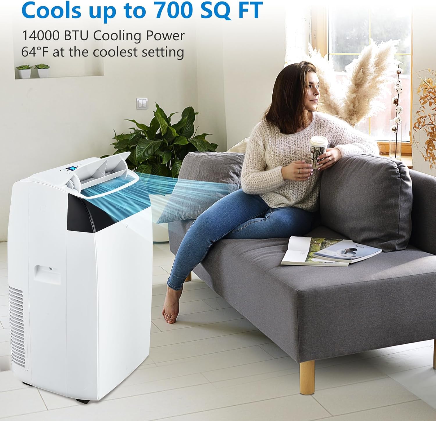 Portable Air Conditioner 14,000 BTU Cools Up to 700 Sq.Ft, 3-IN-1 Quiet Portable AC Unit with Remote Control for Large Room, Campervan, Office, Temporary Space, White