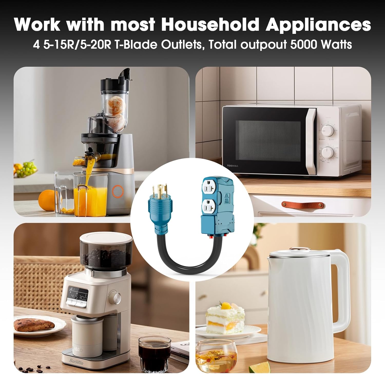 30 Amp to 20 Amp 110V Generator Distritution Cord with Circuit Breaker,NEMA L14-30P/Four 5-15R, 4 Prong 10 Gauge Flexible Generator Power Cord,30Amp 7500 Watts (25FT)