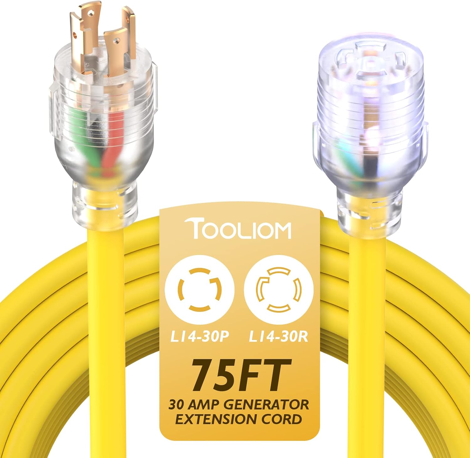 TOOLIOM 30 Amp Generator Cord, L14-30P/L14-30R Generator Extension Cord, UL Listed Heavy Duty Generator Power Cord 125/250V 7500W 10 AWG SJTW RV Extension Cord with Lighted Power Indicator (75FT)