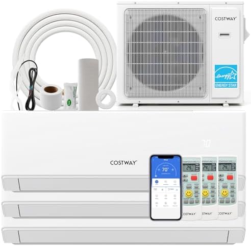 COSTWAY 30k Tri 3 Zone Mini Split Air Conditioner, 23 SEER2, 9k+12k+12k BTU, 208-230V, Wifi Enabled Multi Zones Mini Split AC Heat Pump Full Set, Ductless Energy Star
