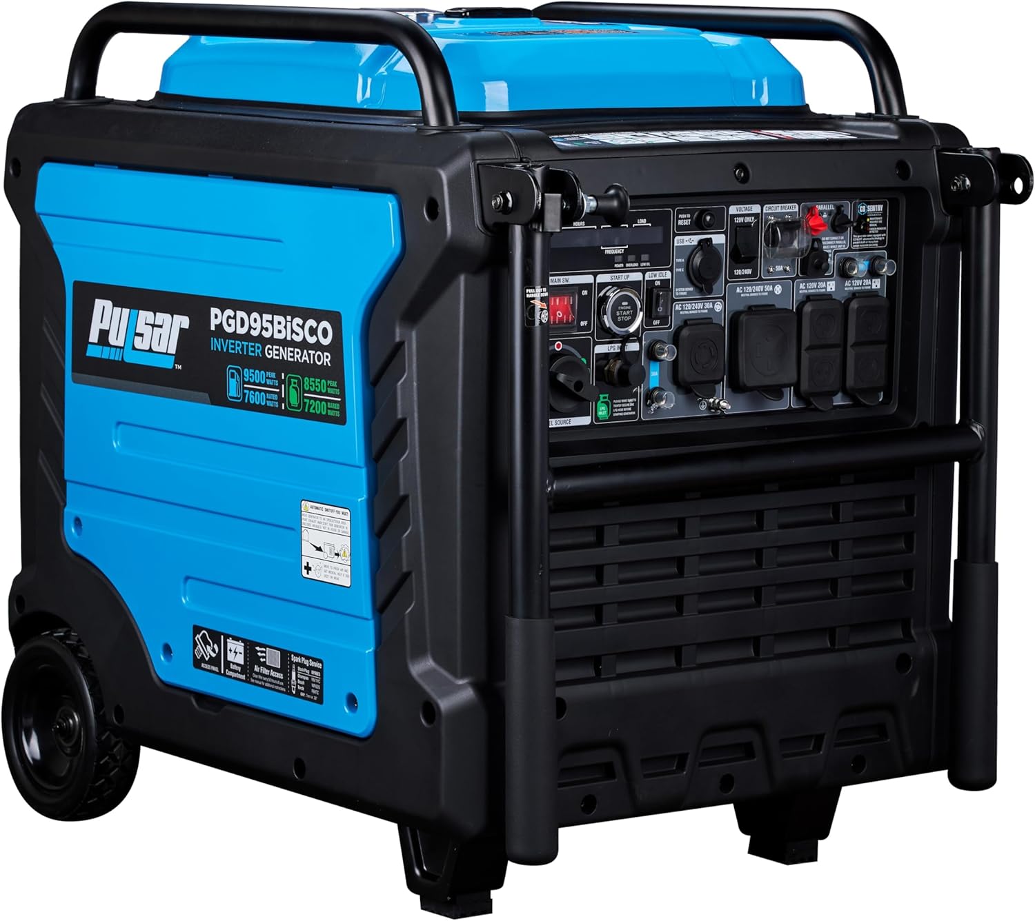 Pulsar PGD95BISCO Super Quiet Dual Fuel 9500W Home Use Backup Portable Inverter Generator With Remote Control and electric start (CO, low battery and low oil Shutoff), RV ready