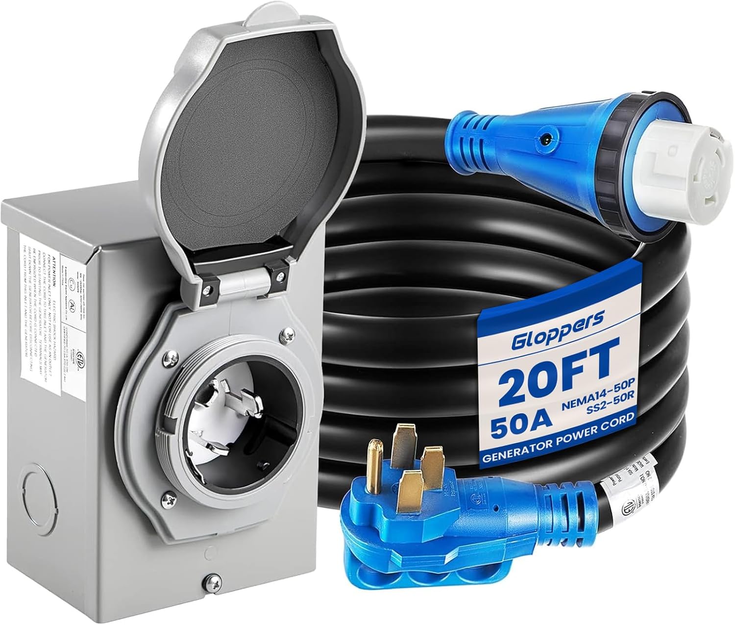 50 Amp Generator Cord and Power Inlet Box, 20FT Generator Extension Cords 50 Amp,125V/250V Generator Power Cord NEMA14-50P/SS2-50R Twist Lock Connector