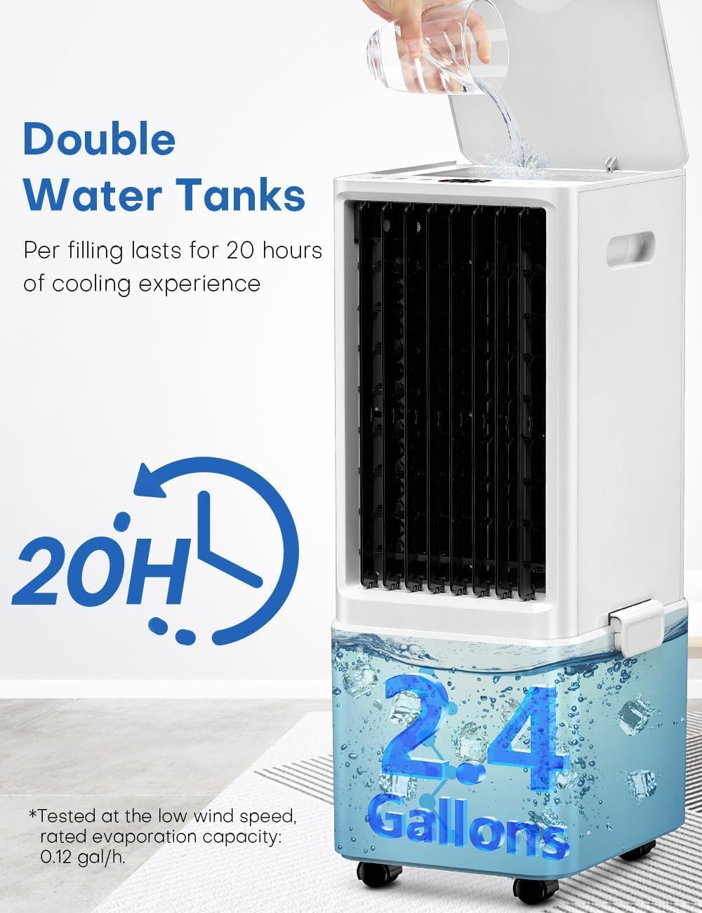 Portable Air Conditioners w/Remote, 4 Modes & 3 Speeds, Waterless Alert System & 2.4-Gal Tank for 20H Cooling, 12H Timer for Auto Off, Evaporative Air Cooler for Room Bedroom Office, Off White