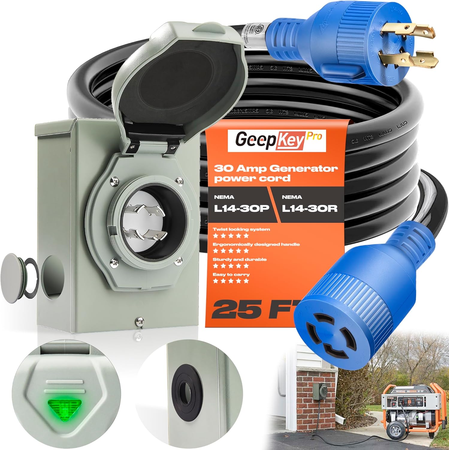 30 Amp Generator Cord and Power Inlet Box [Pre-Drilled], 25FT Generator Cords 30 Amp,125/250 Volt 7500 Watts Generator Power Cord NEMA L14-30P PB30 Twist Lock Connector