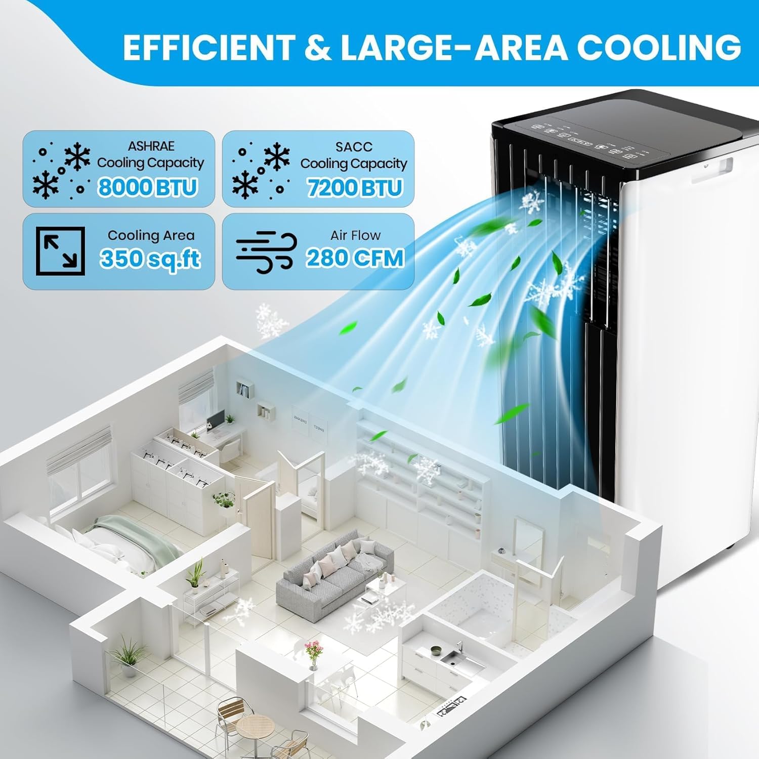 8000 BTU Portable Air Conditioner, 3 in-1 AC Unit with Fan & Dehumidifier, Quiet Cooling for Rooms Up to 350 Sq.Ft, Remote Control & 24H Timer, Ideal for Bedroom or Apartment Use