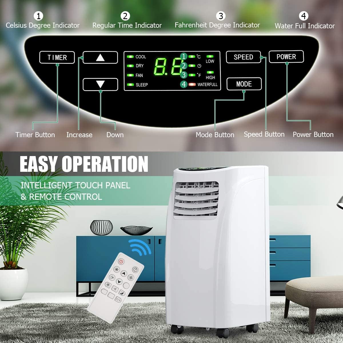 ARLIME Portable Air Conditioner 8000 BTU, 3-in-1 AC Units for Rooms with Fan & Dehumidifier Cools up to 250 sq. ft, Energy Saving Single Room AC with 2 Fan Speeds, Auto Swing, 24H Timer, Full-Function LED Remote Control, Side Handles & Wheels
