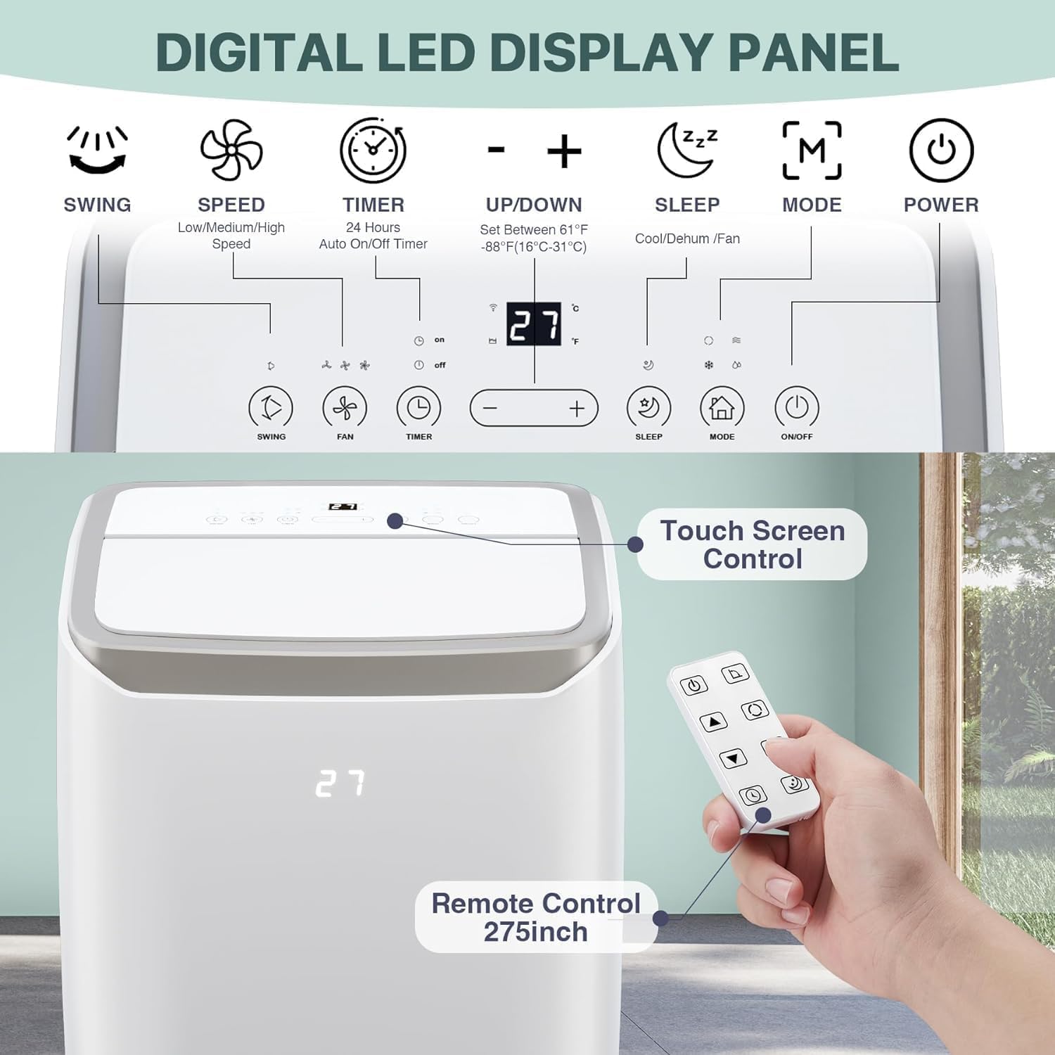 14000 BTU Portable Air Conditioners Up to 550 Sq.Ft, Air Conditioner With Cooling/Dehumidifier/Fan/Sleep Mode, Remote Control, Portable AC for Large Room, Campervan, Office, Temporary Space, Black