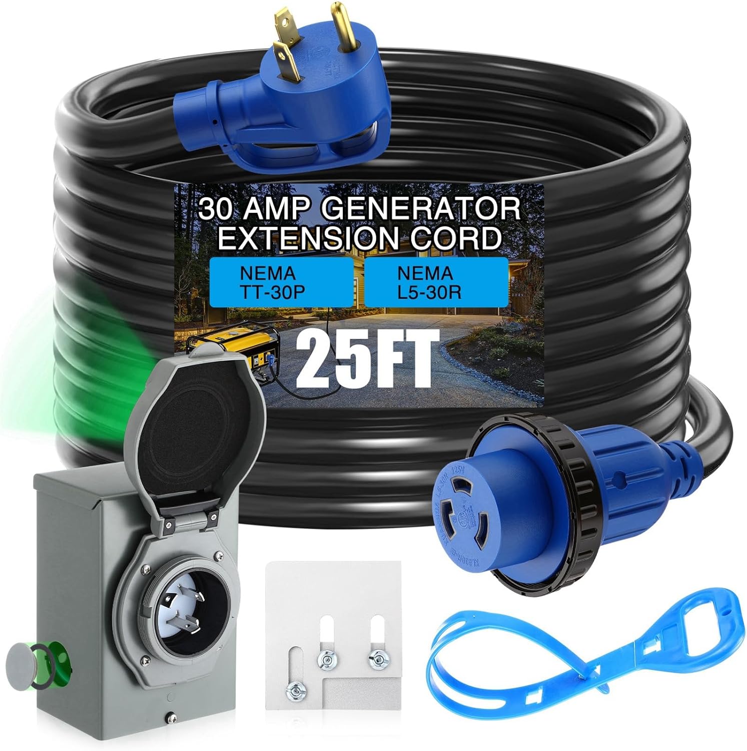 Xuhal 25 FT 30 Amp Generator RV Extension Cord and Pre-Drilled Power Inlet Box 3 Prong Compatible with NEMA TT-30P/L5-30R 125V/250V Cord with Generator Interlock Kit to House STW 10 Awg, Etl Listed