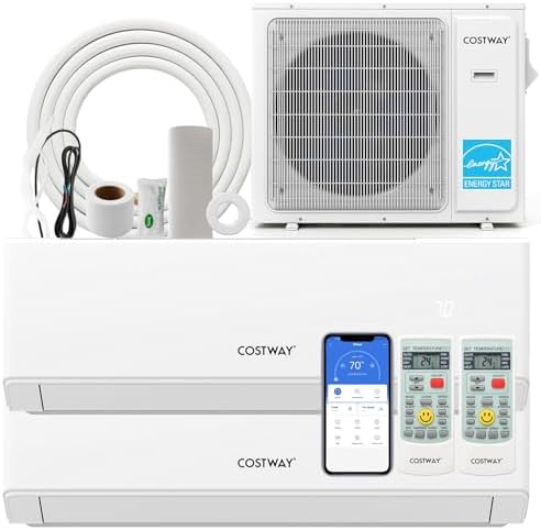 COSTWAY 36k Dual 2 Zone Mini Split Air Conditioner, 23 SEER2 7000 BTU+ 12000 BTU, 208-230V, Wifi Enabled Multi Zones Mini Split AC Heat Pump Full Set, Ductless Energy Star