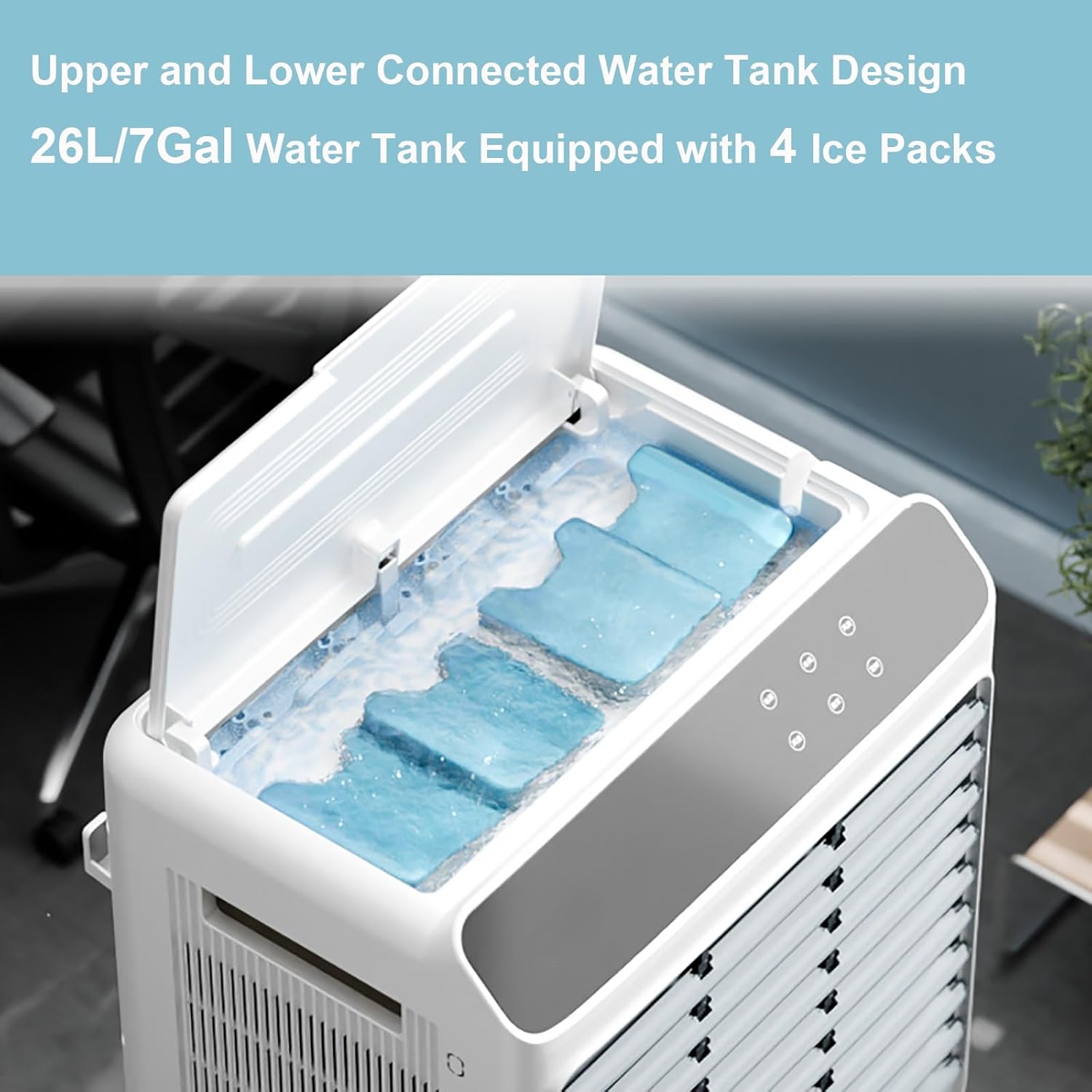 Indoor Windowless Air Conditioner, Swamp Cooler Fan and Humidifier with 7Gal Tank, Remote, 4 Ice Packs, 3 Speeds, 3 Modes, 12H Timer, Evaporative Cooler for Room Indoors(87cm/17in)