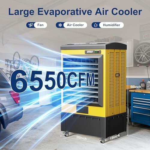 Swamp Cooler, 6550CFM Evaporative Air Coolers with 19.5 Gal Tank, Windowless Air Conditioner 3 Speeds for Outdoor Use, 49 Inch Air Cooler Water Fan for Patio, Garage, Shop, Commercial Yellow