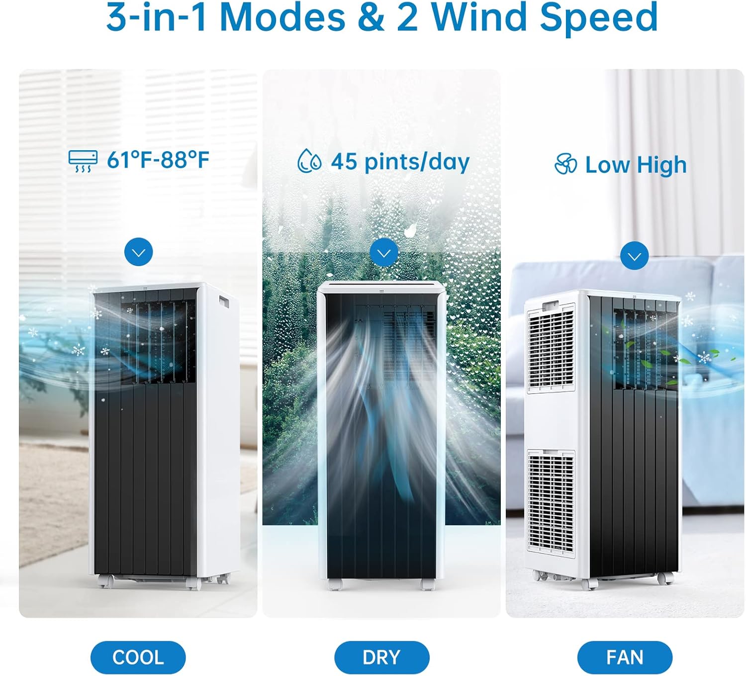 8000 BTU Portable Air Conditioner, 3 in 1 AC Unit Built-In Cool, Dehumidifier & Fan for Rooms Up to 350 Sq.Ft, Energy Saving AC with Remote/24H Timer for Dorms/Indoor Rooms, White and Black