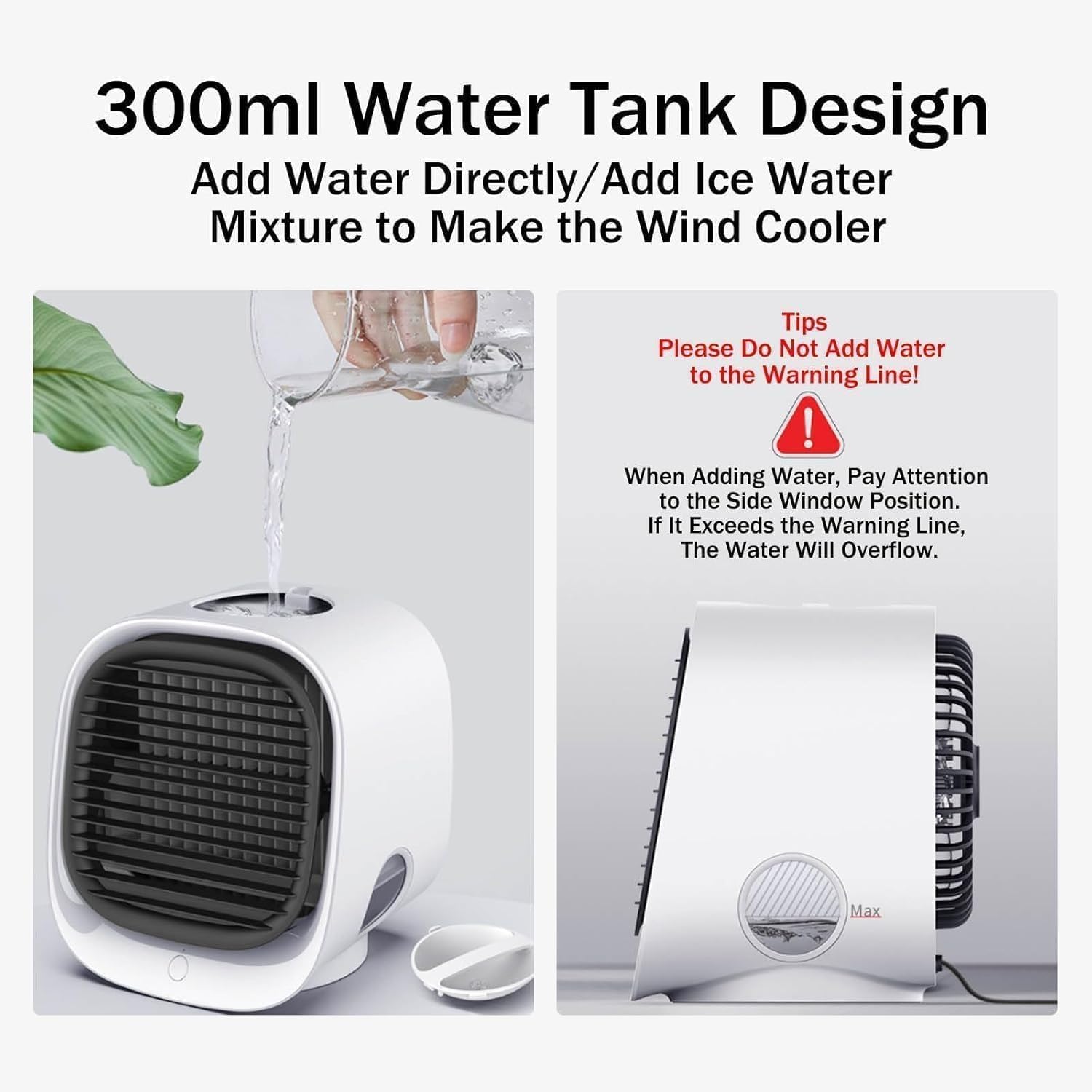 Portable Air Conditioner, Mini Air Cooler, 300 ML Water Tank, 8 Hours Of Use, with 3-Speed Cooling, Multi-angle Wind Adjustment, Built-In Night Light for Home, Office, Travel (White)