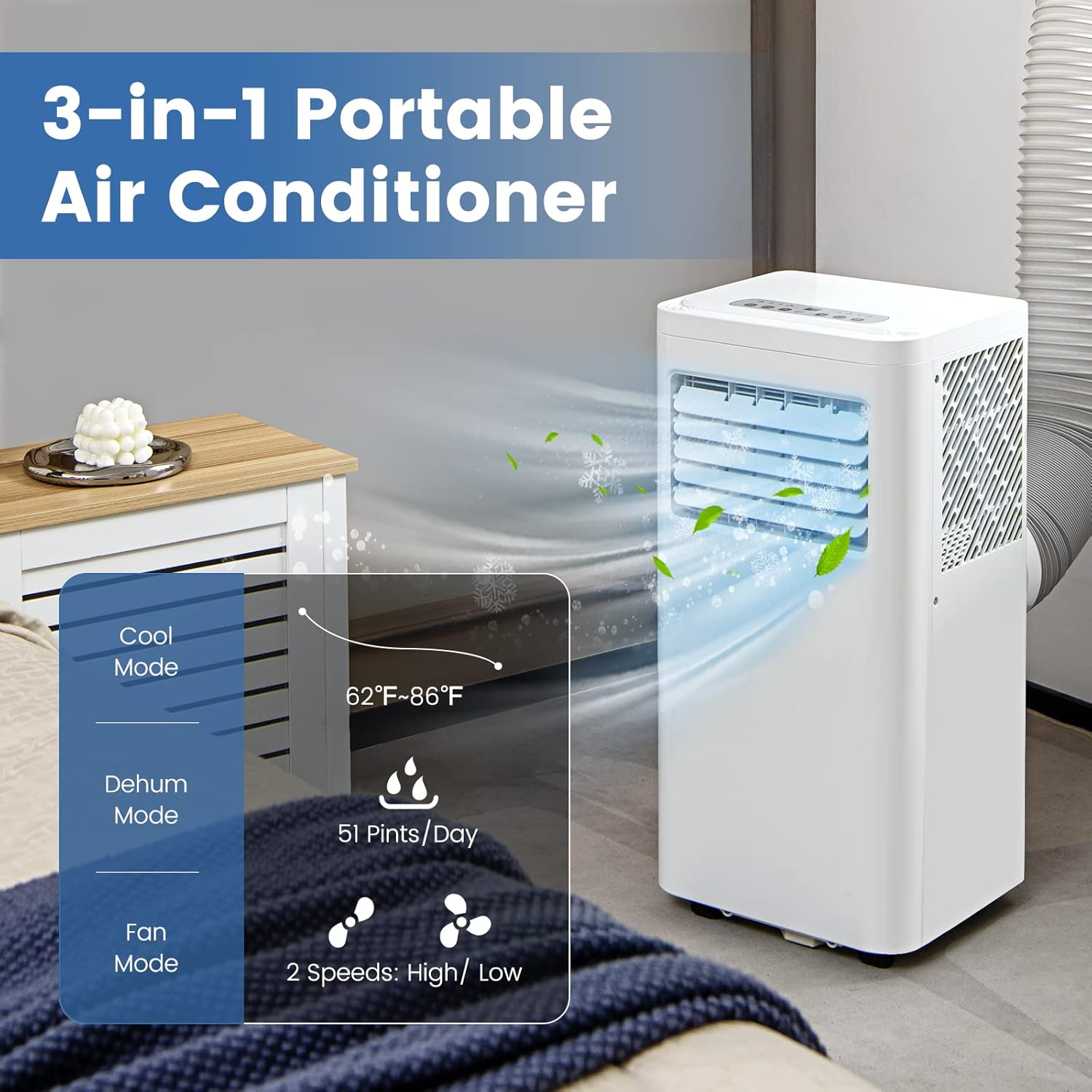 LDAILY 3-in-1 Portable Air Conditioner, 10000 BTU (ASHRAE) AC Unit w/Fan & Dehumidifier, Quiet AC w/ 1-24H Timer, LED Display, 2 Fan Speeds, 4 Wheels, Remote Control, Exhaust Hose & Window Kit