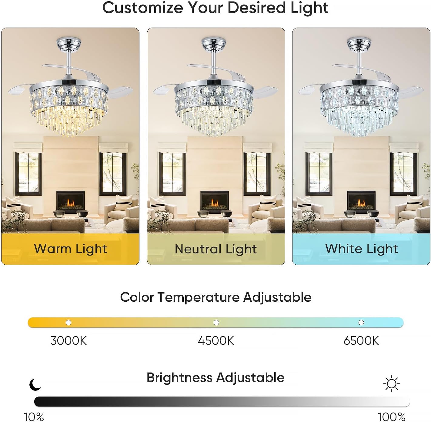 42 Inch Fandelier Ceiling Fan with Light, Chandelier Fan for Bedroom Living Room, Retractable Ceiling Fan with Lights, 6 Wind Speeds, LED Dimmable, Memory and Timing Function-Chrome