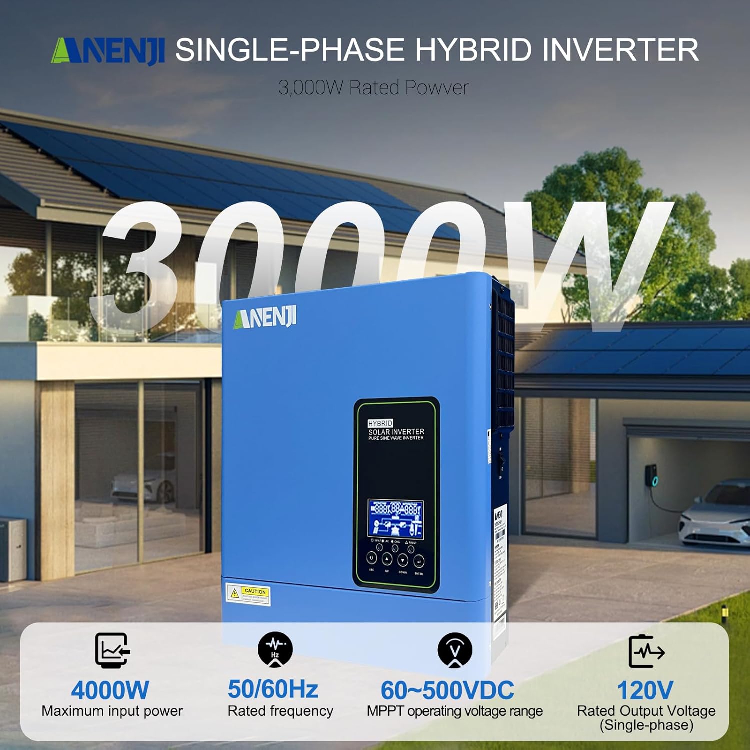 3000W Hybrid Inverter, 24Vdc to 110Vac Solar Inverter Charger Built-in 100A MPPT Controller, Pure Sine Wave PV Power Converter, Supports Battery-Less or AGM Lithium Battery