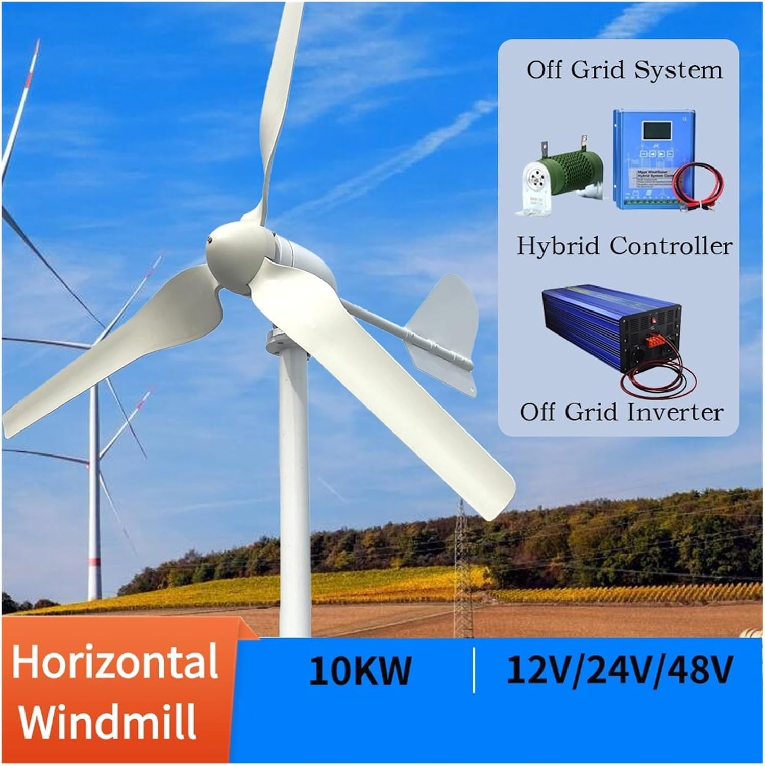 10KW 3 Blades Horizontal Wind Turbine Generator 12v 24v 48v with Mppt/Hybrid Charge Controller Windmills for Farm Home Industrial Energy(Hybrid Control,48V)