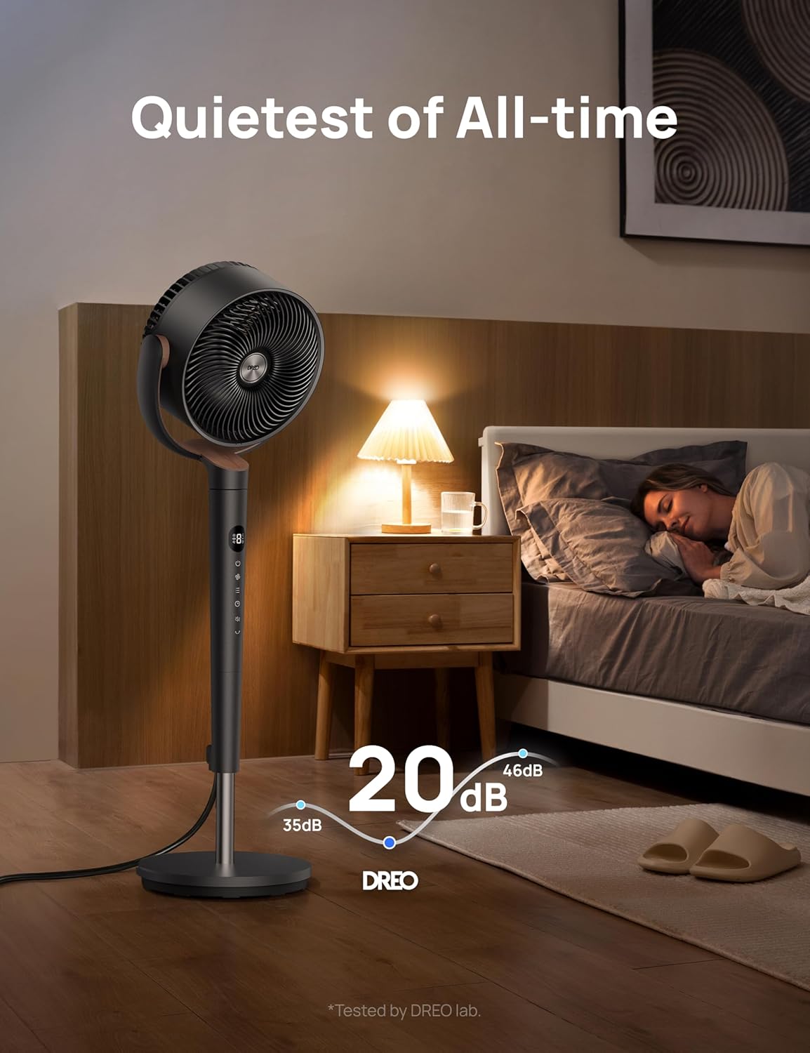 Dreo Fan for Bedroom, 120° Oscillating Standing Fans, Quiet Floor Fan with DC Motor, 100ft Pedestal Fans for Room, 9 Speeds, 4 modes, 20dB, 120° Manual Vertical, 37-42