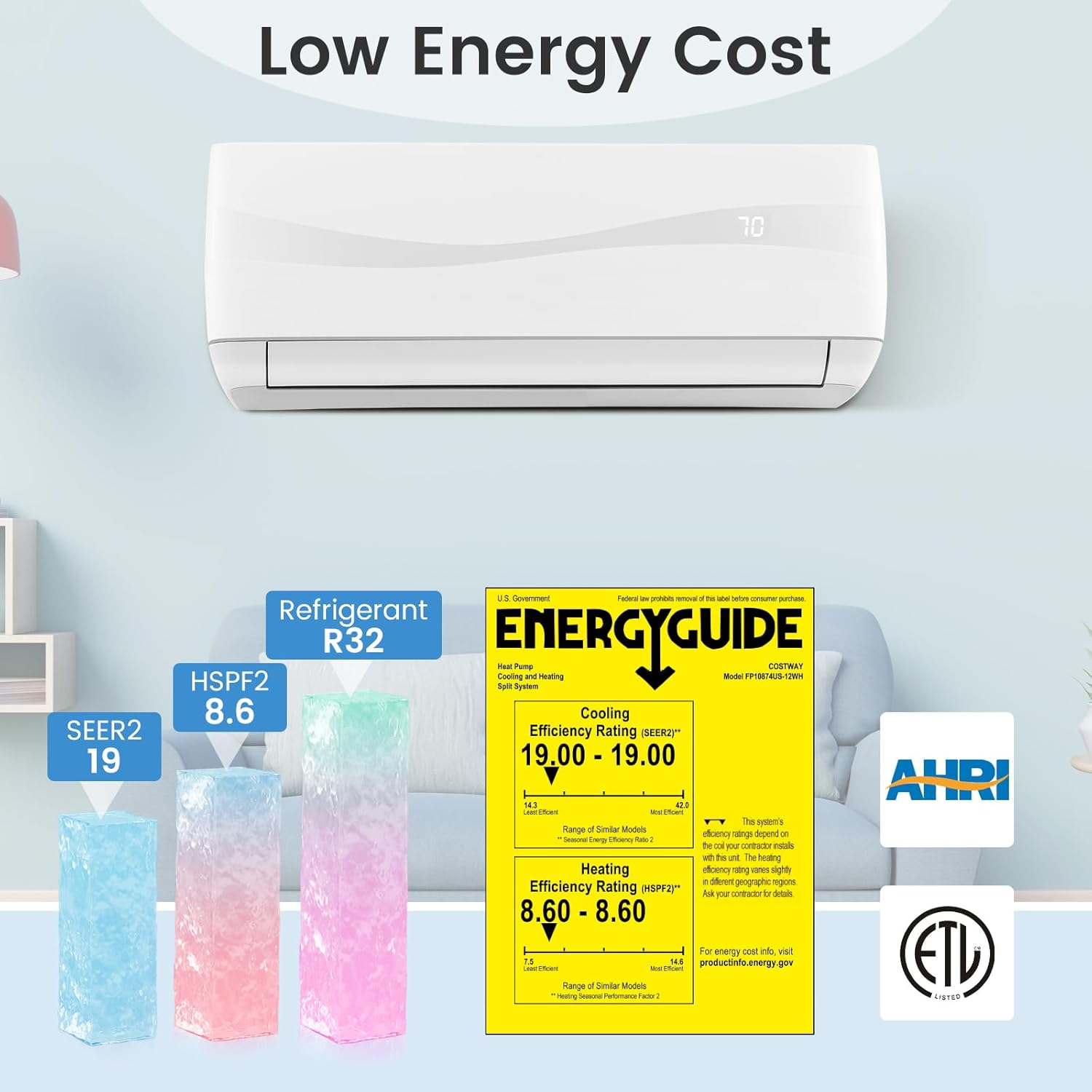 ARLIME Mini Split AC, 9000 BTU Inverter Air Conditioner & Heater w/ 0.75 Ton Heat Pump, 19 SEER2, 115V, Cools up to 450 sq. Ft, Pre-charged w/ R32 Refrigerant, Wall AC Unit with Installation Kit