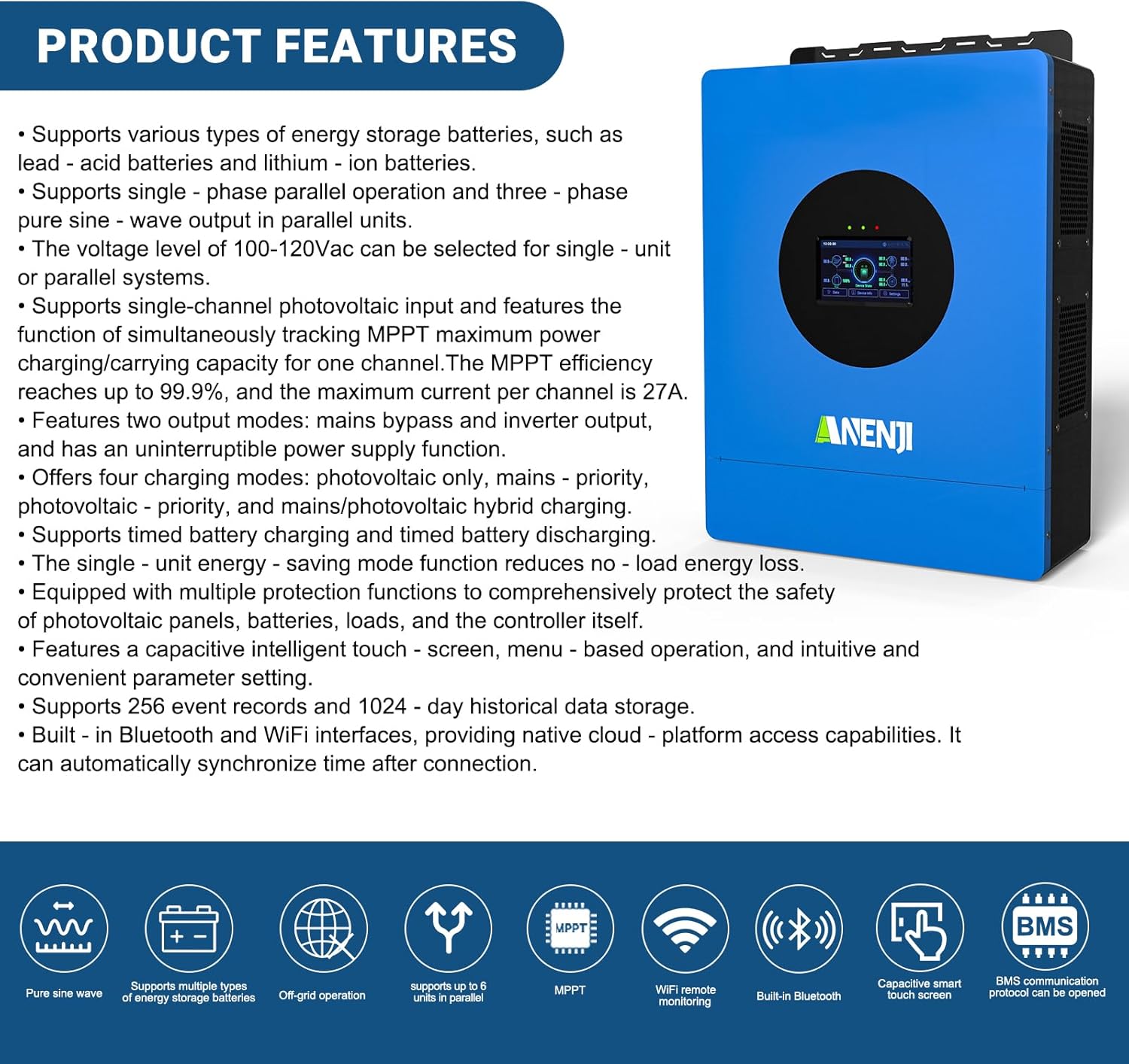 Hybrid Solar Inverter 6KW 48V Split Phase 120V Dual MPPT Charger Parallel,Max PV Charging Current 120A,Max. PV Input 9KW 500VDC, Support 6 Units Parallel for Lead Acid, Li, Batteryless Run