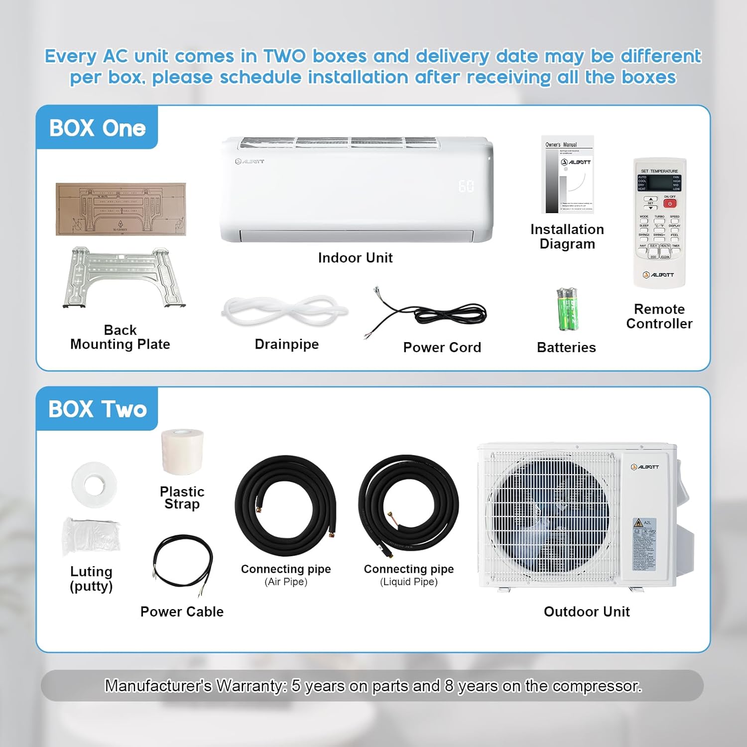Albott Mini Split Air Conditioner Heat Pump, 24000 BTU 19 SEER2 220V Inverter Ductless Wall AC Unit Cools Rooms up to 1500 Sq. Ft, 14.8ft Installation Kit, White