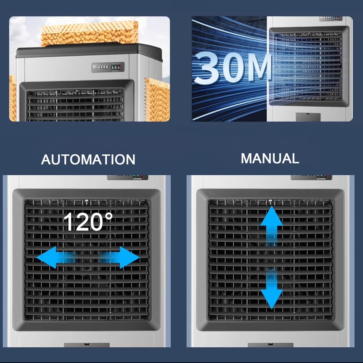 Generic Swamp Cooler Air Conditioner Portable Strong Wind Three Wind Speeds 120° Oscillation 8 Ice Packs 3-in-1 Evaporative Cooler for Outdoor Indoor Use(Height 150cm/140L)