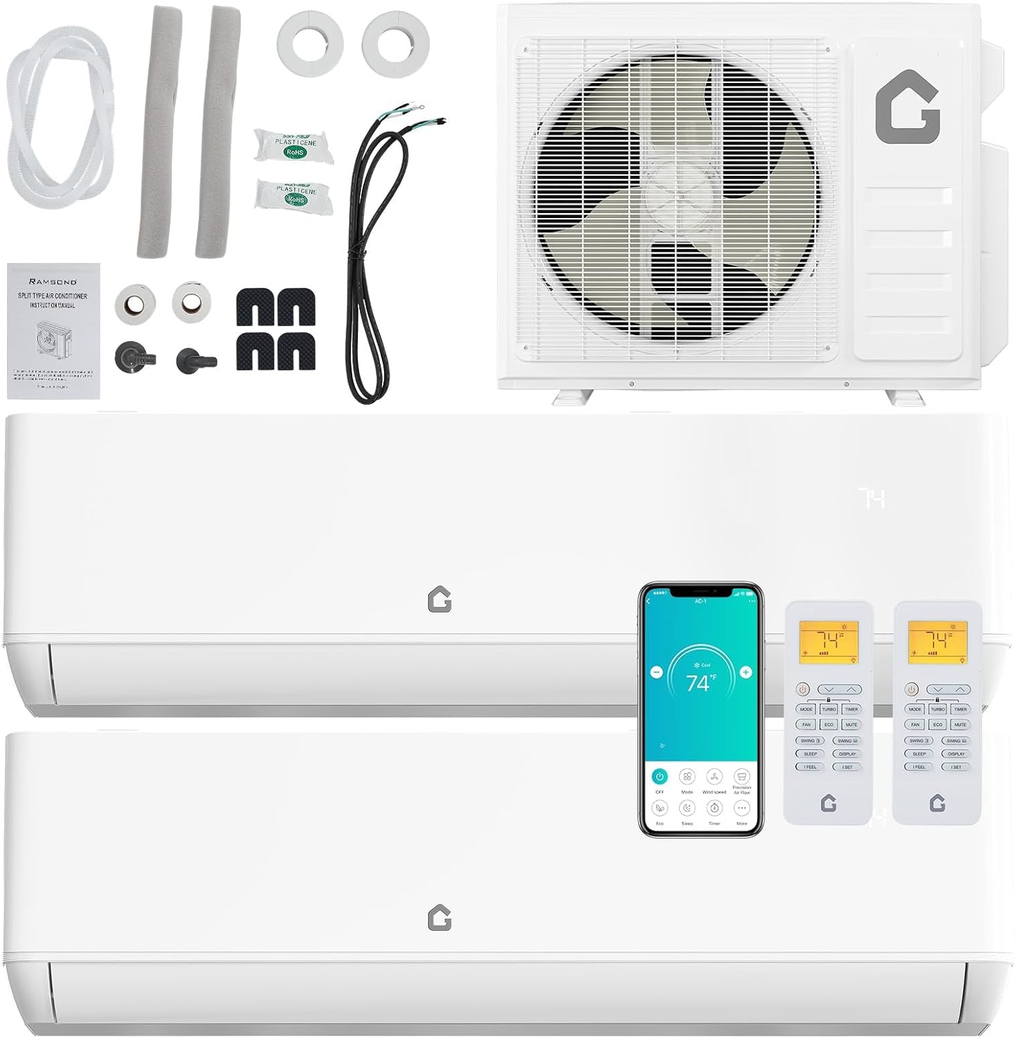 18K Dual 2 Zone Mini Split Air Conditioner,24 Seer 2 12000 BTU+ 12000 BTU Mini Split 2 Zone With App Control and Remote Control,208-230V Cools Up To 1500 Sq.Ft