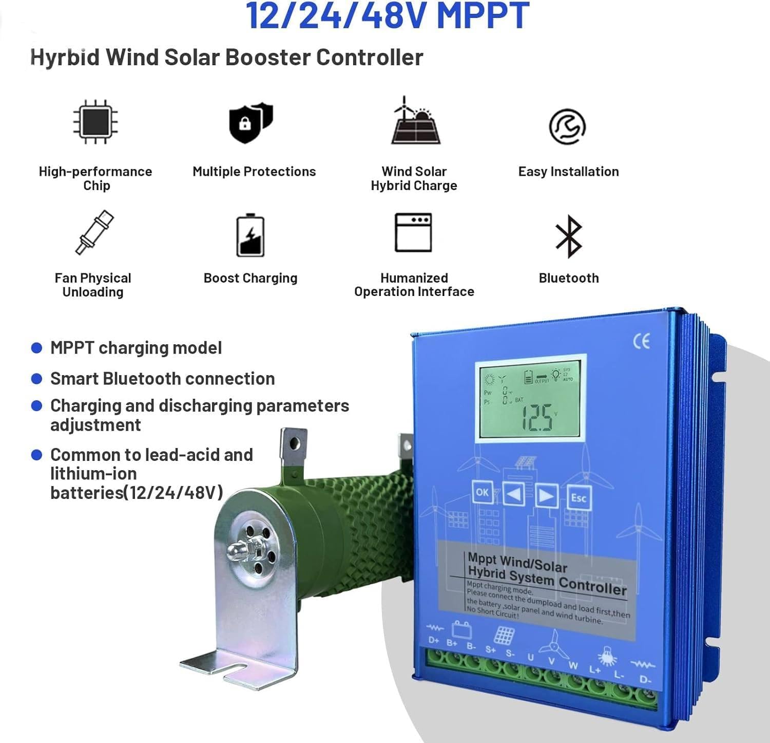 Charge Controller for Off-Grid Systems with Photovoltaic and Battery Dual Power Supply, Wind Solar Hybrid Charge Controller 6000W-14000W, MPPT Solar Charge Controller 12V-48V LCD Display 24V