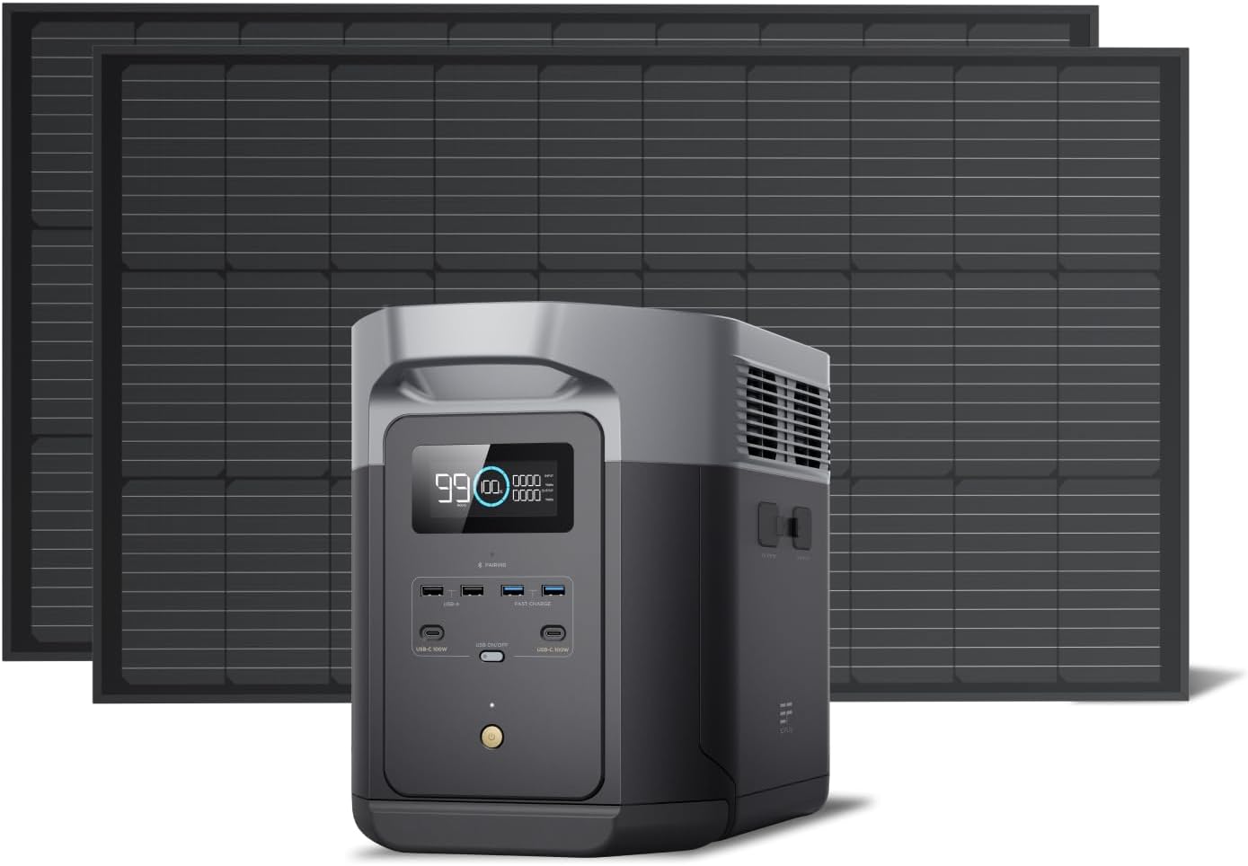 EF ECOFLOW Solar Generator DELTA 2 Max 2048Wh with 2X100W 12V Solar Panels, 2400W LFP Portable Power Station, High Efficiency Monocrystalline PV Modules, AC + Solar Fast Dual Charging For Camping RV