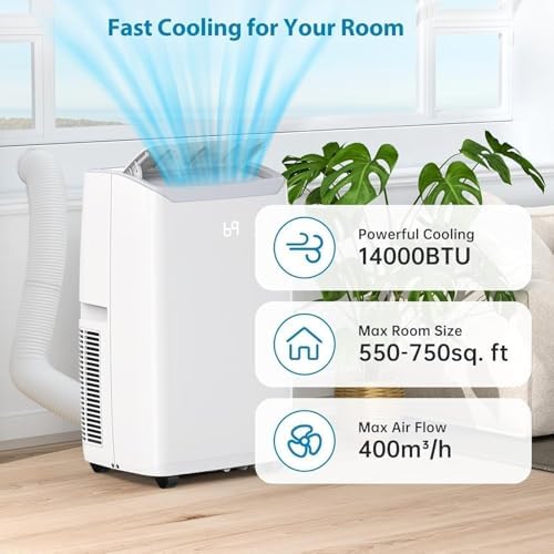 14,000 BTU Portable Air Conditioner - 3-In-1 Cooling, Fan & Dehumidifier for Spaces Up to 750 Sq.Ft, Compact Mobility With Wheels, Remote Control & Window Kit Included，White