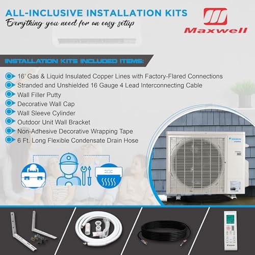 Daikin 12,000 BTU 19.5 SEER2 Aurora Low Ambient Ductless Mini Split Air Conditioner Heat Pump with Maxwell 15 ft. Installation Kit and Bracket - Wi-Fi Enabled R32