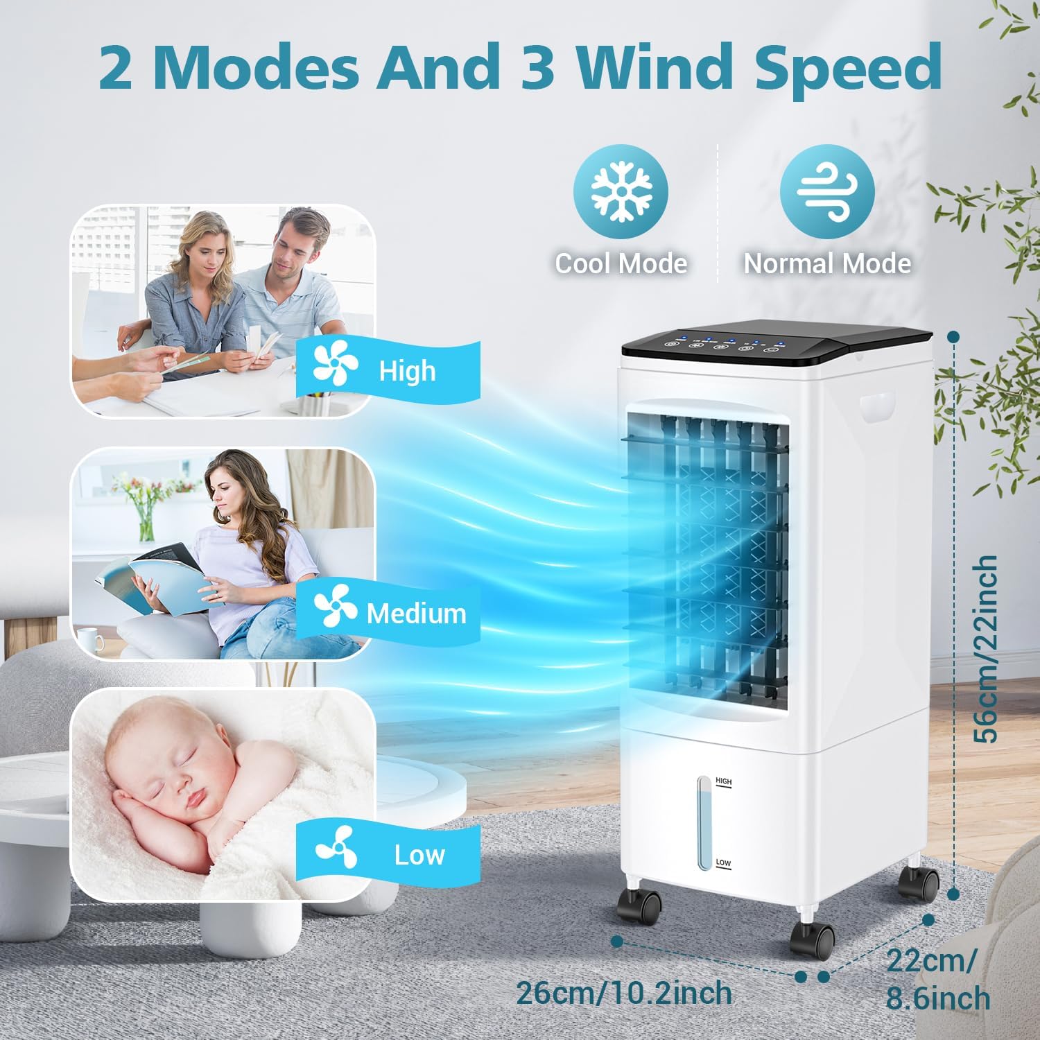 Portable Air Conditioners, 3-IN-1 Evaporative Air Cooler 3 Speed, 60° Oscillation, Remote Control & 1-7H Timer, 60W Energy Saving, Portable Space Cooler for Home Office Dorm