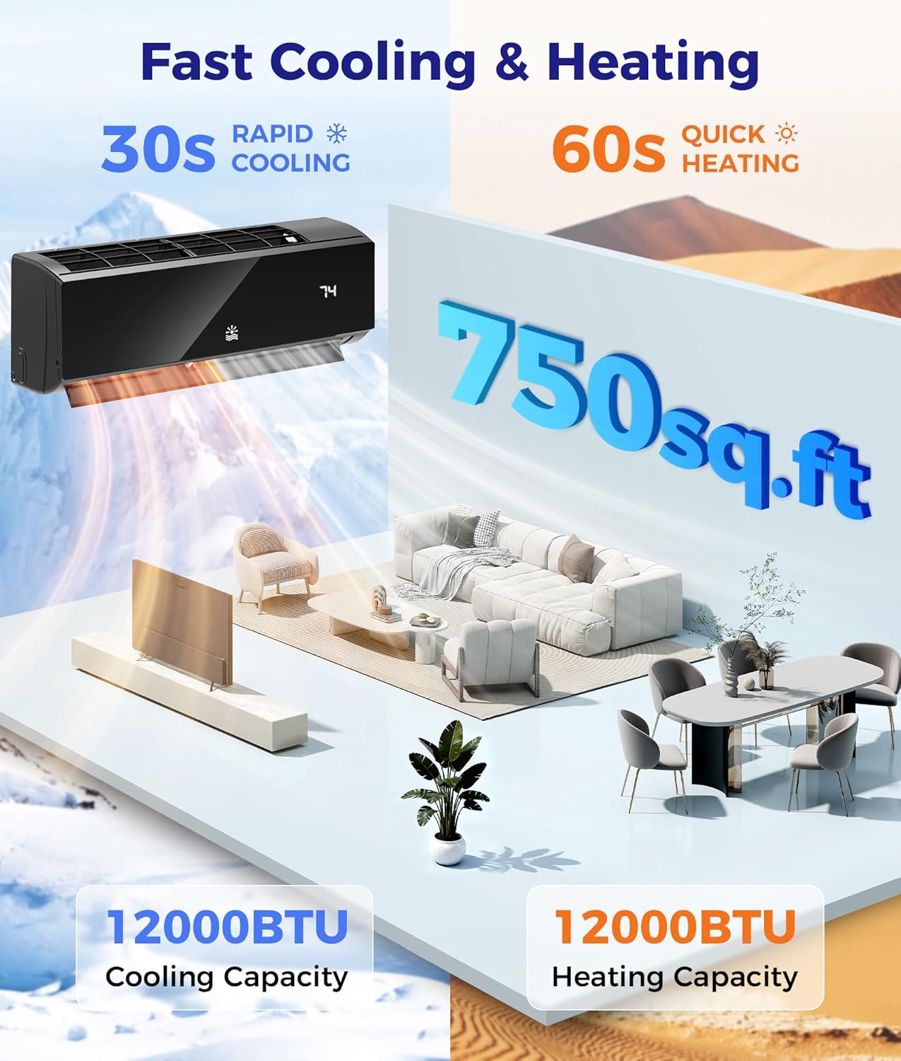 Mini Split Ac/Heating System - 12000 BTU Mini Split Air Conditioner with Heat Pump Wifi Enabled Inverter, 20 SEER2 115V Energy Efficient Precharged DIY Split Ac Unit Up to 750 Sq.Ft