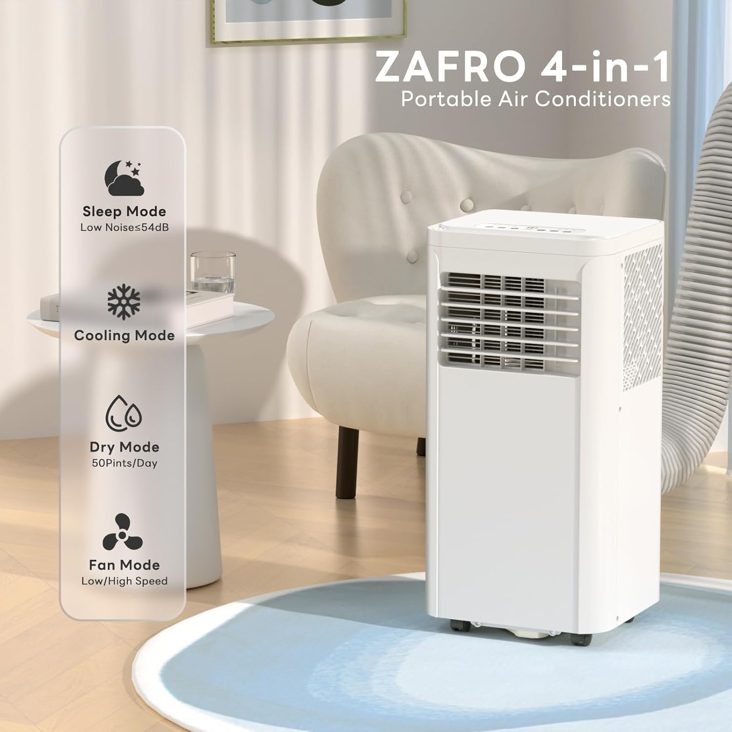 ZAFRO 10000BTU Portable Air Conditioner Cooling, Dehumidifier & Fan, 3 Speed, Remote Control, 24-Hour Timer, LED Display