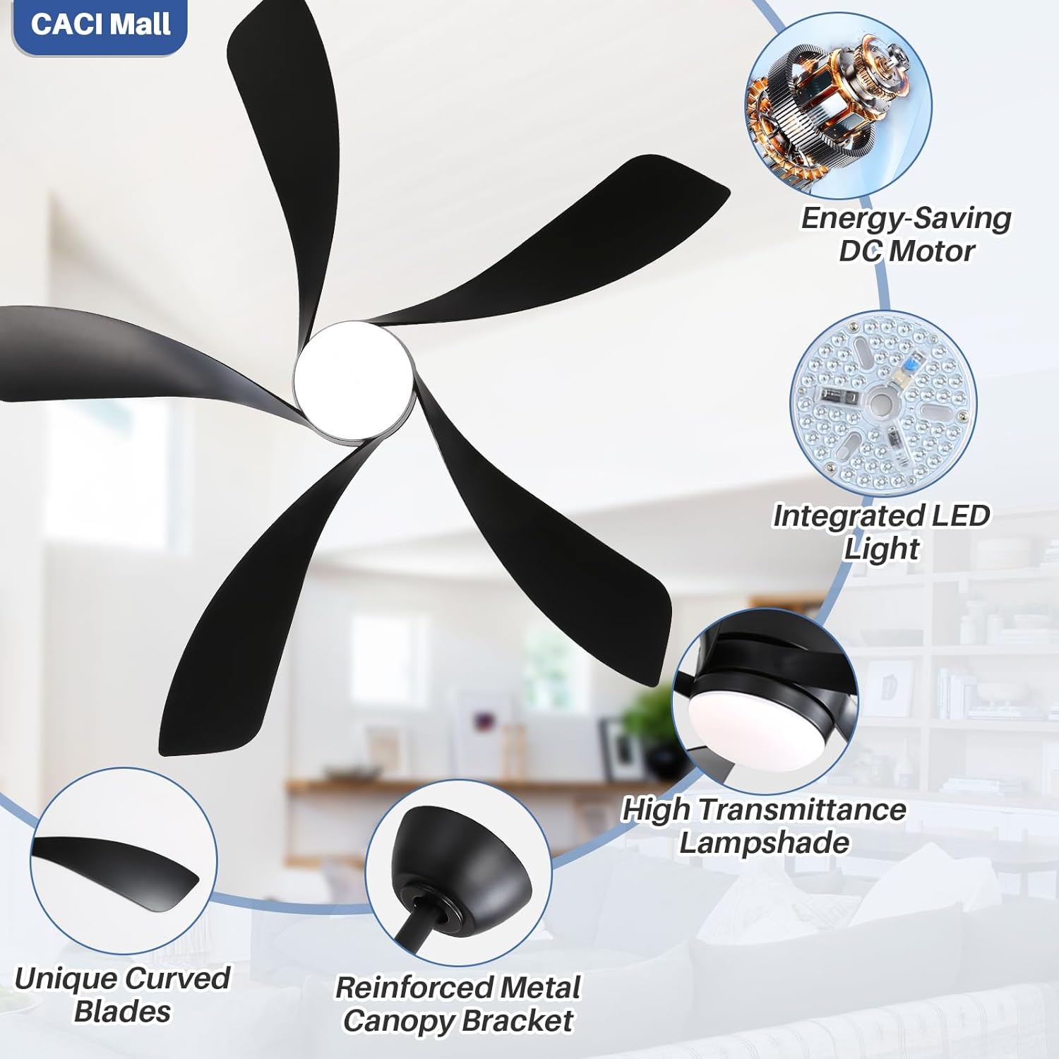 CACI Mall 52 inch Black Ceiling Fans with Lights, Remote Control, Low Profile, Modern Ceiling Fan with 5 Blades, Quiet Reversible DC Motor for Living Room, Bedroom, Patios