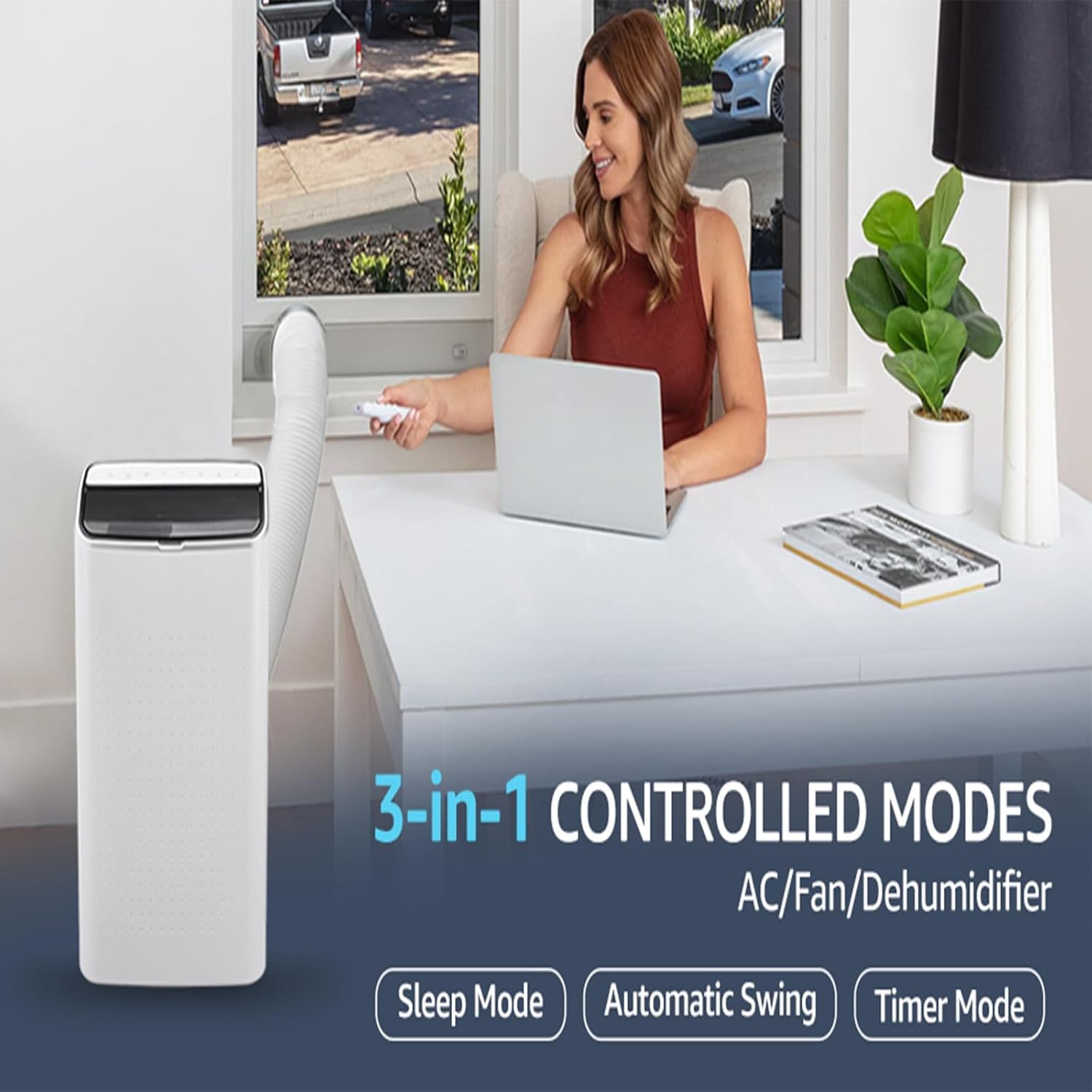 14000 BTU Portable Air Conditioner Efficient Cooling, Air Conditioner Cools Room up to 750 Sq.Ft Dehumidifier, Remote Control, 24Hrs Timer, Fan Modes, Moveable Wheels.