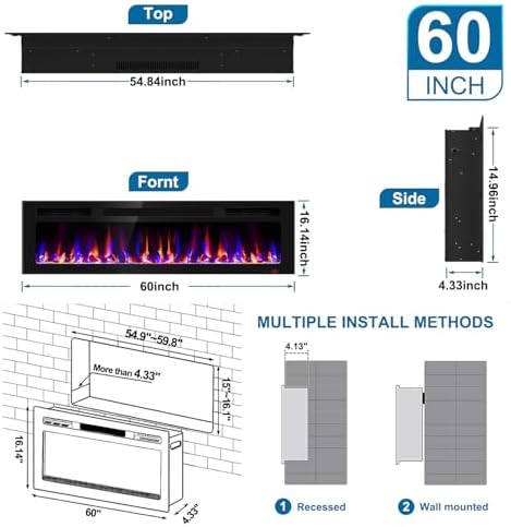 60 Inch Electric Fireplace Recessed and Wall Mounted, Fireplace Heater and Linear Fireplace, Ultra-Thin Electric Fireplace, Low Noise, with Timer, Remote Control, Adjustable 12 Flame Color, 750/1500W