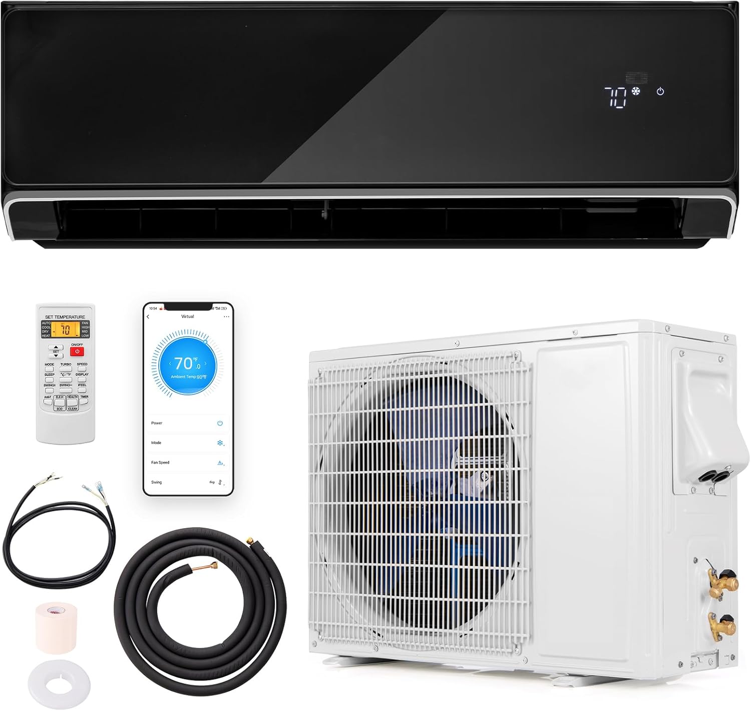 DORTALA 12000 BTU Mini Split Air Conditioner & Heater, Wifi Enabled 22 SEER2 208-230V Pre-Charged Inverter Heat Pump System, Wall Mounted Ductless AC Unit with Control & Installation Kit, Black