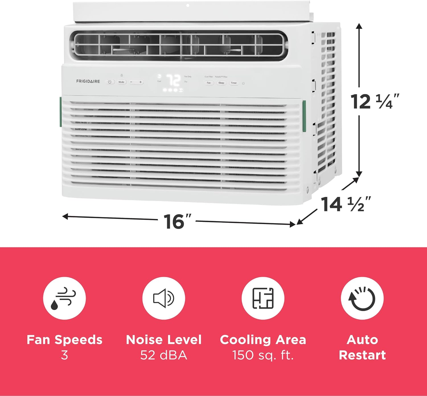 Frigidaire 5,000 BTU Window Air Conditioner with Remote Control, Cools Up to 150 Sq. Ft., Quiet Operation, Eco Mode, 3 Fan Speeds, Auto Restart, White