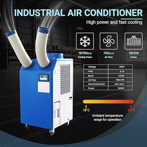 Industrial Air Conditioner 18700BTU/H Industrial Spot Cooler Air Conditioner with 3.7Gal Water Tank Portable Mobile Spot Cooler Double Ducts 1.8KW 220V