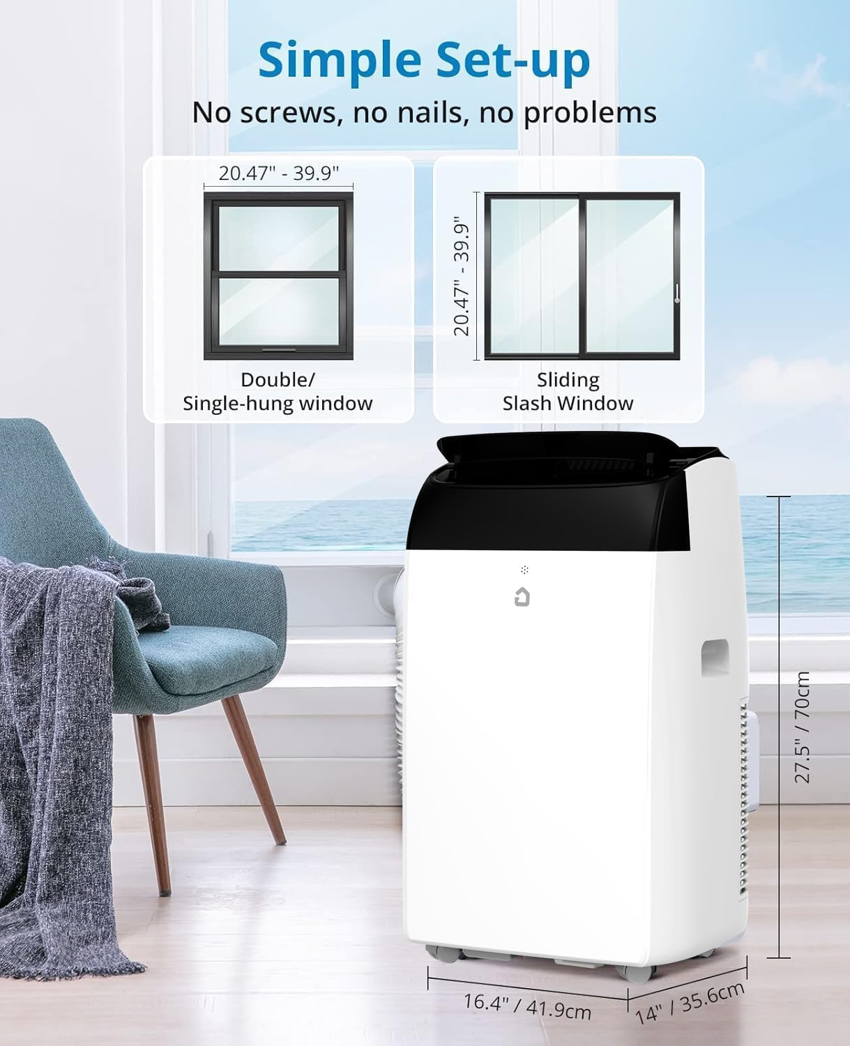 12,000 BTU Smart Portable Air Conditioner for 550 sq.ft with Drain-Free Cooling, Dehumidifier & Fan Modes, 48dB Quiet, Remote Control & 24H Timer, Easy Window Kit, Washable Filter