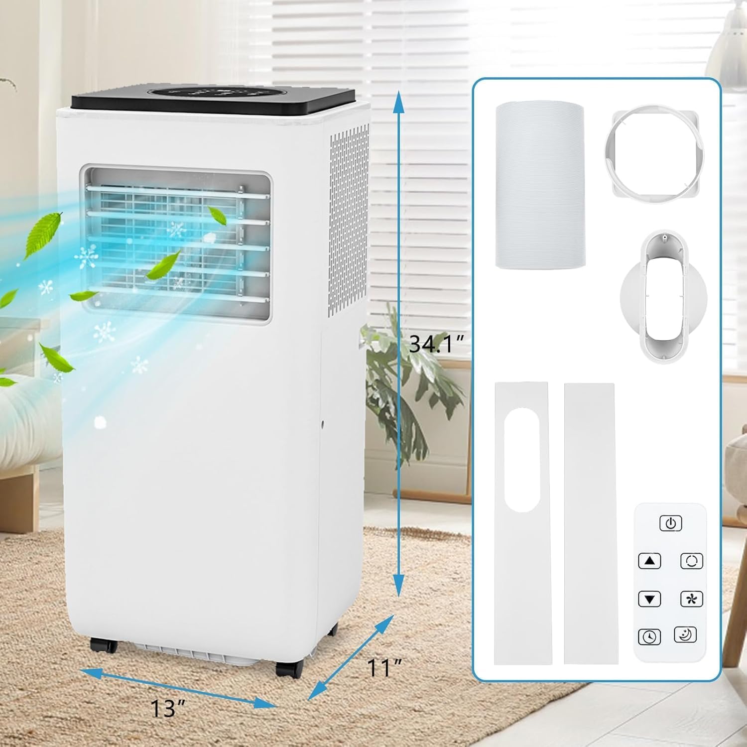 8000BTU Portable Air Conditioner, 3-in-1 Air Conditioner, Cooling Area up to 350 Sq. Ft. Room Air Conditioner with Remote Control/Cooling/Fan/Dehumidifier for Home, Office, Bedroom, White&Black
