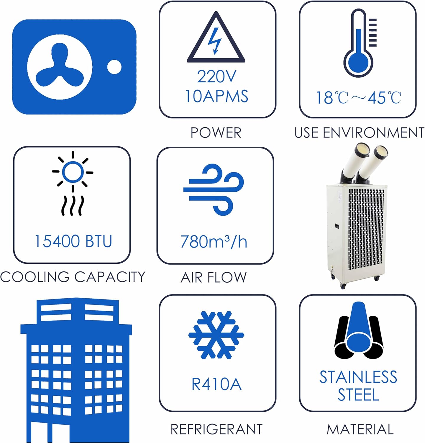 Portable Air Conditioner 15,400 BTU Industrial Spot Cooler Air Conditioner 780m³/h Mobile Outdoor Indoor Cooling Aircon with Double Columns 220V 2100W