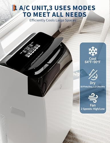 14,000 BTU Portable Air Conditioner with Dehumidifier & Fan, Cools Up to 750 Sq.Ft. Room Air Conditioner, Remote Control, Installation Kits, Auto Swing, Quiet Portable AC Units for Rooms, Black Top