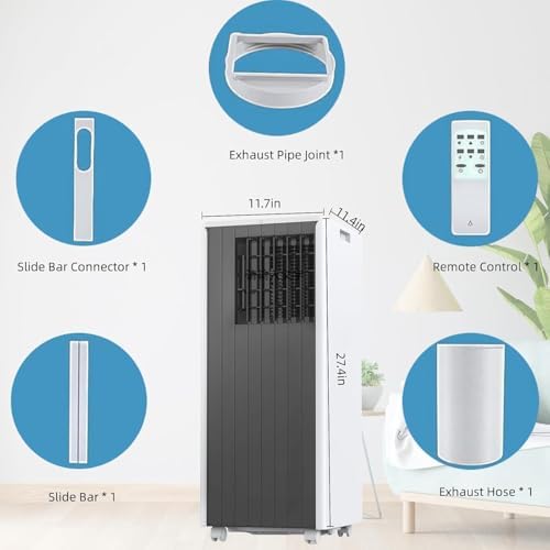 8,000 BTU Portable Air Conditioner Cools For Room Up to 350 Sq.Ft,3 IN 1 Quiet Portable AC Unit With Remote Control for Campervan,Office,Temporary Space,JHS,Gray