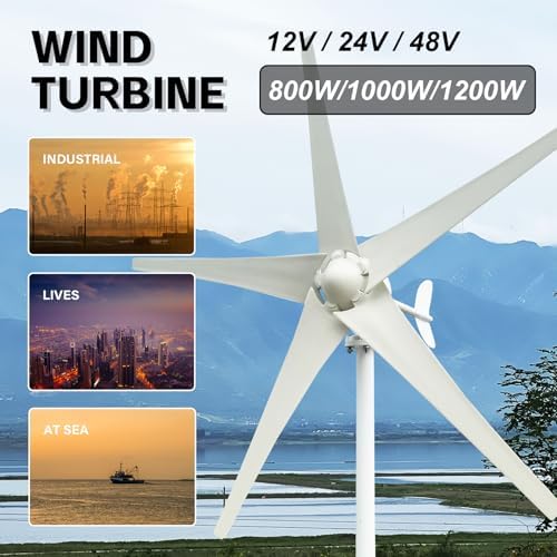 800W-1200W Small Wind Turbine Generator Kit - 12V/24V/48V with 5 Blades & Controller, Aluminum Alloy Windmill for Marine & Home Charging Solutions